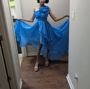 SHEIN Vivid Blue One-Shoulder Ruffle High-Low Dress